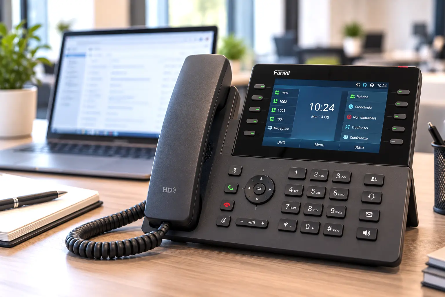 Telefono IP Fanvil del Centralino VoIP su una scrivania, con il portatile e gli interni sul display